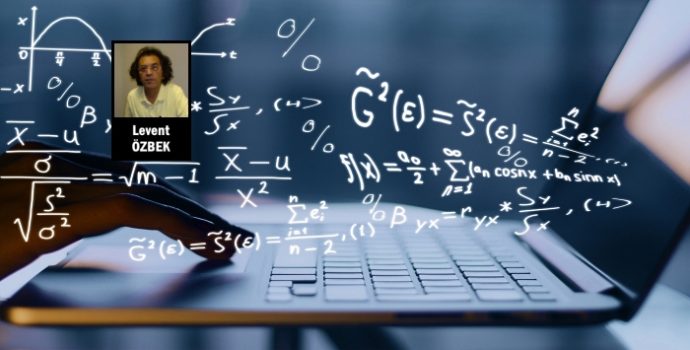 Hands using laptop with mathematical formulas. Online education concept