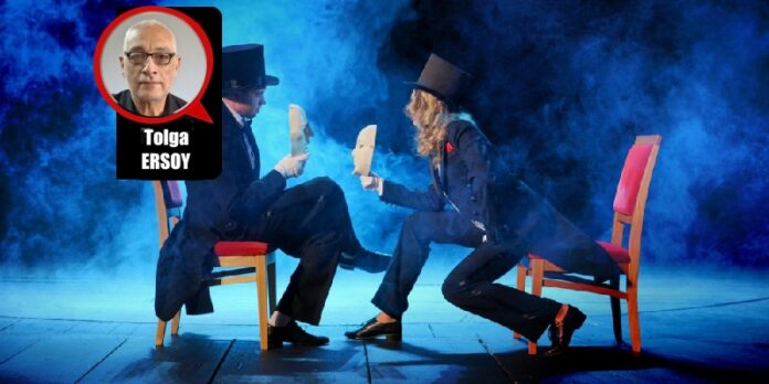 young actors in tuxedos holding theatrical masks